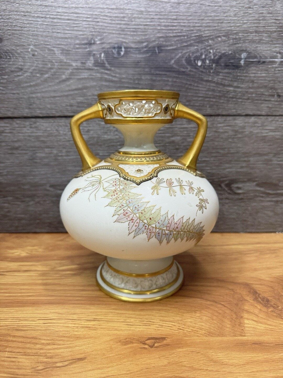 Rare 1885 Royal Worcester Porcelain Vase #1089 Gilt Handles