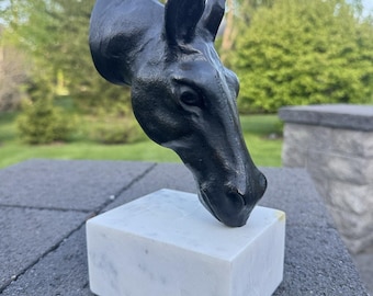 Vintage Horse Head Bust Statue Cast Metal on White Marble Base 10" Equestrian