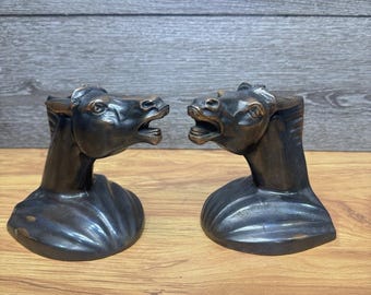 Art Deco Bronze Horse Head Bookends Vintage Equestrian Office Library Decor Pair