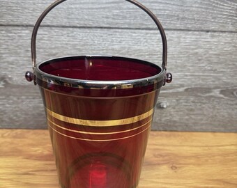 1950’s Mid Century Modern Ruby Red Glass Ice Bucket Gold Trim MCM Barware 6"