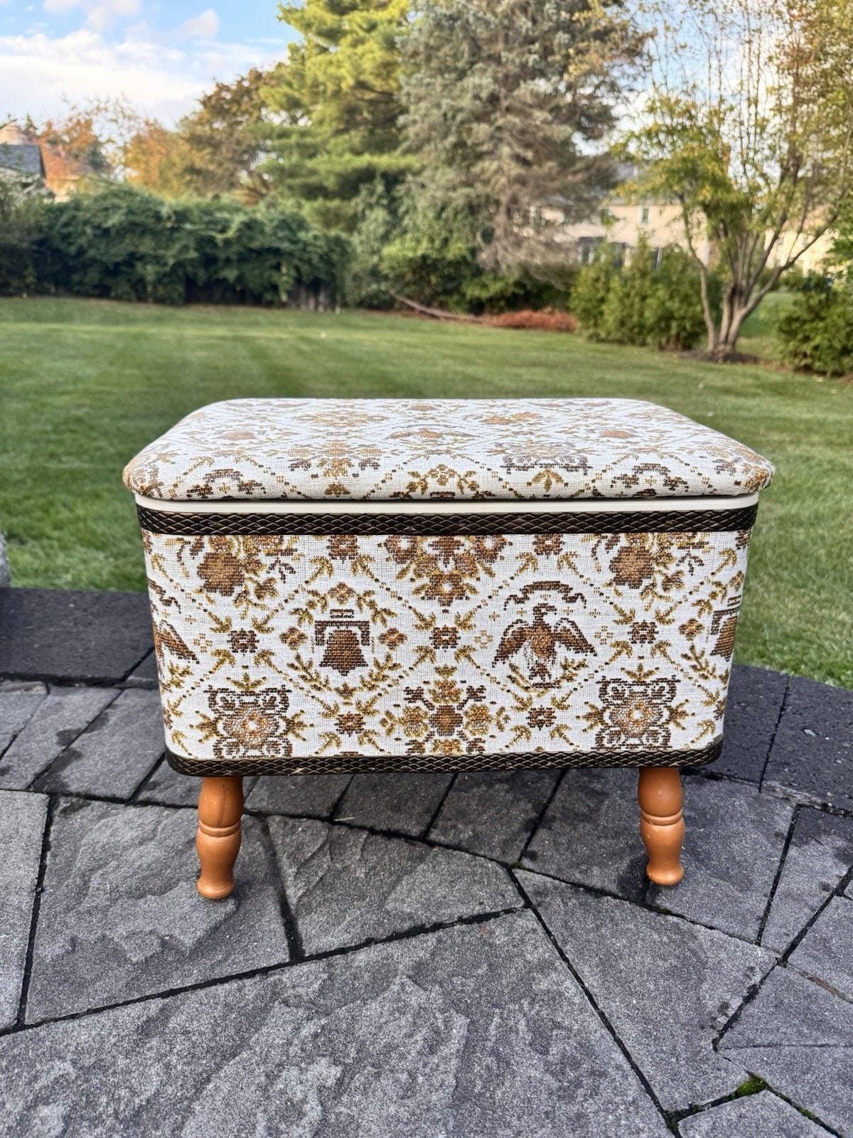 Vintage 1970s Redmon Sewing Box Stool With Americana Vinyl Print