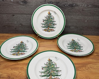 VTG Spode England Christmas Tree Green Trim 10-3/4” Dinner Plates S3324 ~Set 4