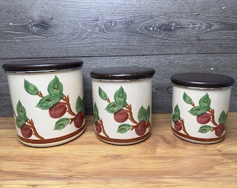 Vintage MCM Franciscan Apple Enamelware Metal Canister Set Of 3 with Wood Lids