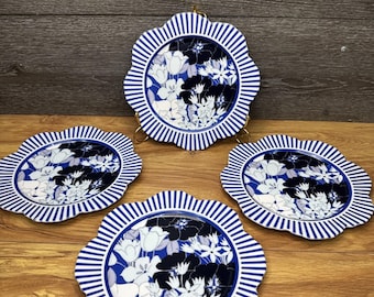 Anthropologie Lyla Floral Dessert Teller Blau Weiß Gestreift 21 cm ~ 4er Set