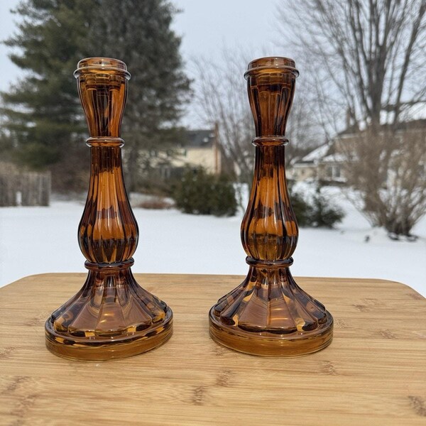 Vintage MCM Robert Stanley Amber Glass Pillar Candlestick Holders 8.5" ~Set of 2