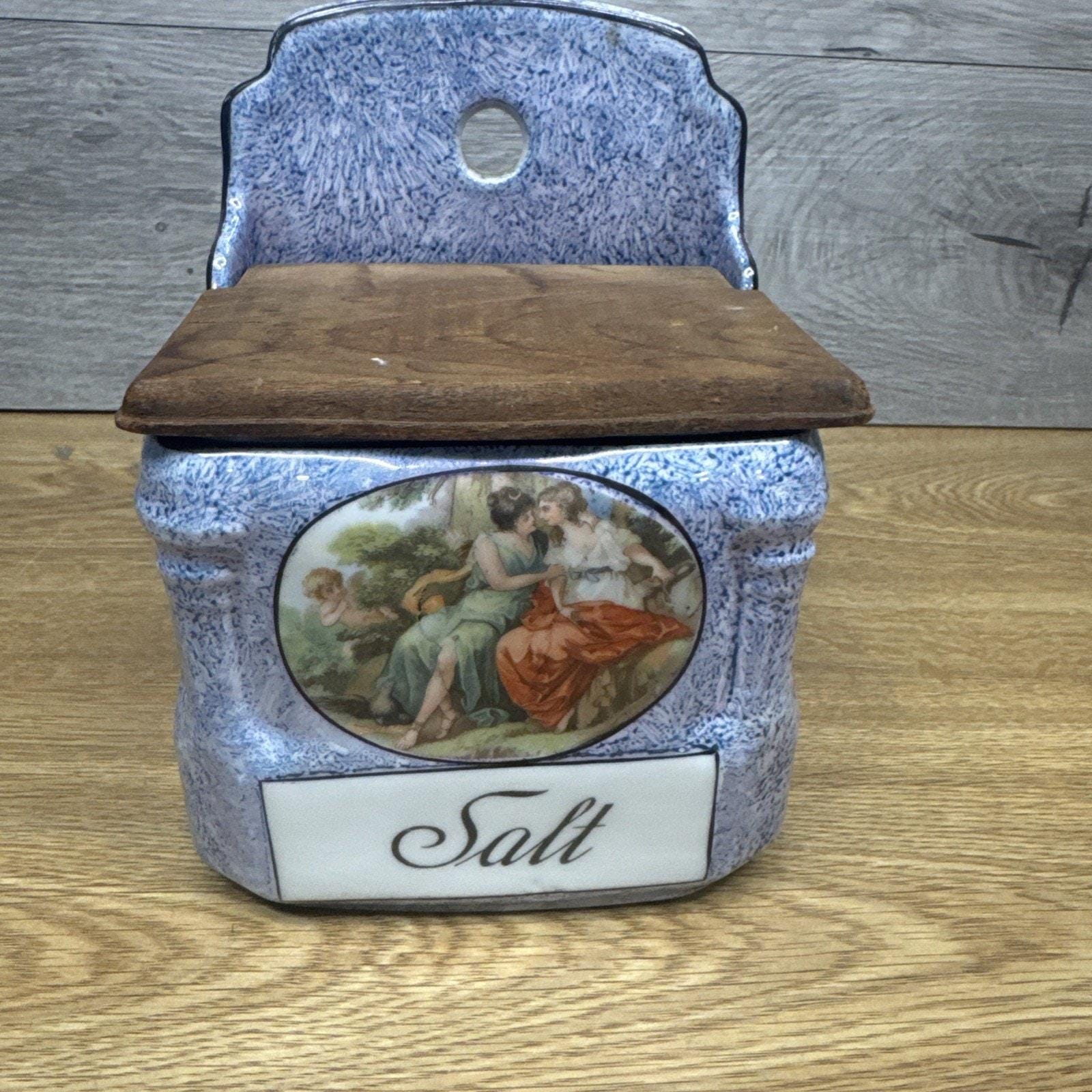 Antique Victoria China Czechoslovakia Salt Box Blue Spongeware W