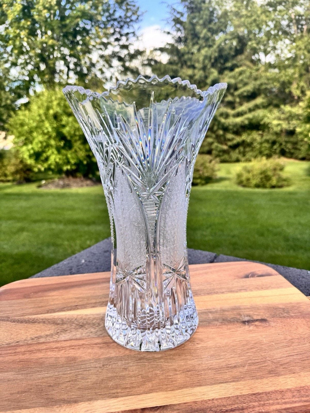 American Brilliant Period Cut Glass Vase 11.75” Sawtooth Rim Heavy 7.5 ...