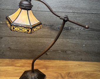 Vintage Tiffany Style Table Lamp Swivel Adjustable Arm 21” Metal Base