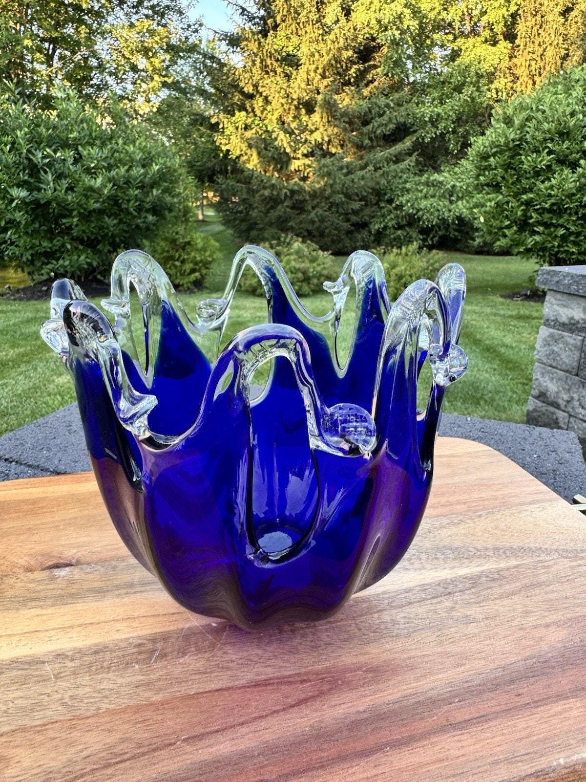 Vintage Murano Cobalt and Clear Art Glass Vase H8xw8.5”~handmade
