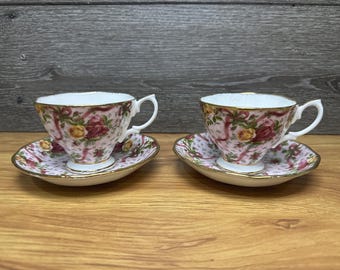 Juego de 2 tazas y platillos Royal Albert Old Country Roses Ruby Celebration, diseño Pink Chintz (color rosa).