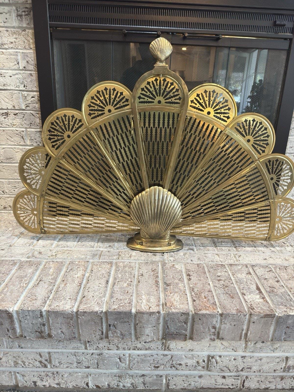 Vintage Metal Peacock Fan Folding Fireplace Screen With Brass