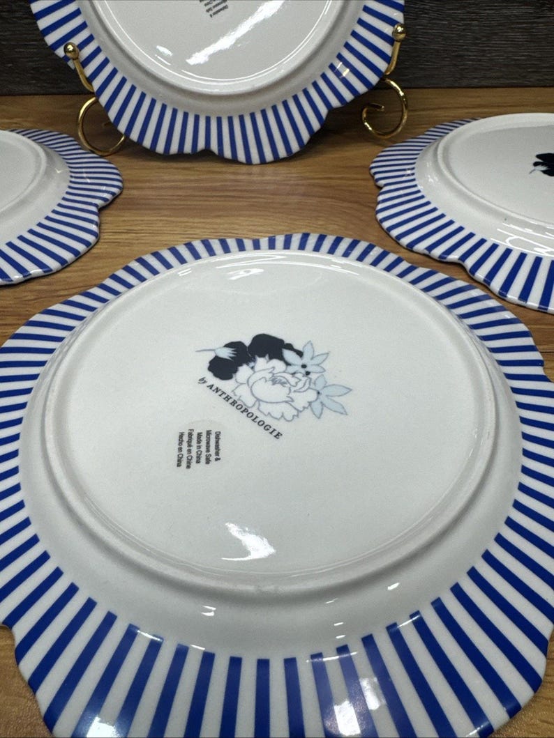Platos de postre florales Anthropologie Lyla con rayas azules y blancas de 8,25" (juego de 4) imagen 8