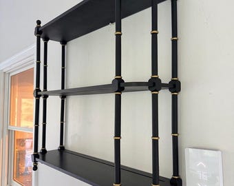 VTG Bombay Co 1991 Faux Bamboo 3 Tier Wall Shelf Stand Black Gold 31x29x8”