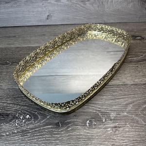 Vintage Gold Metal Filigree Oval Vanity Mirror Tray 14”x8”