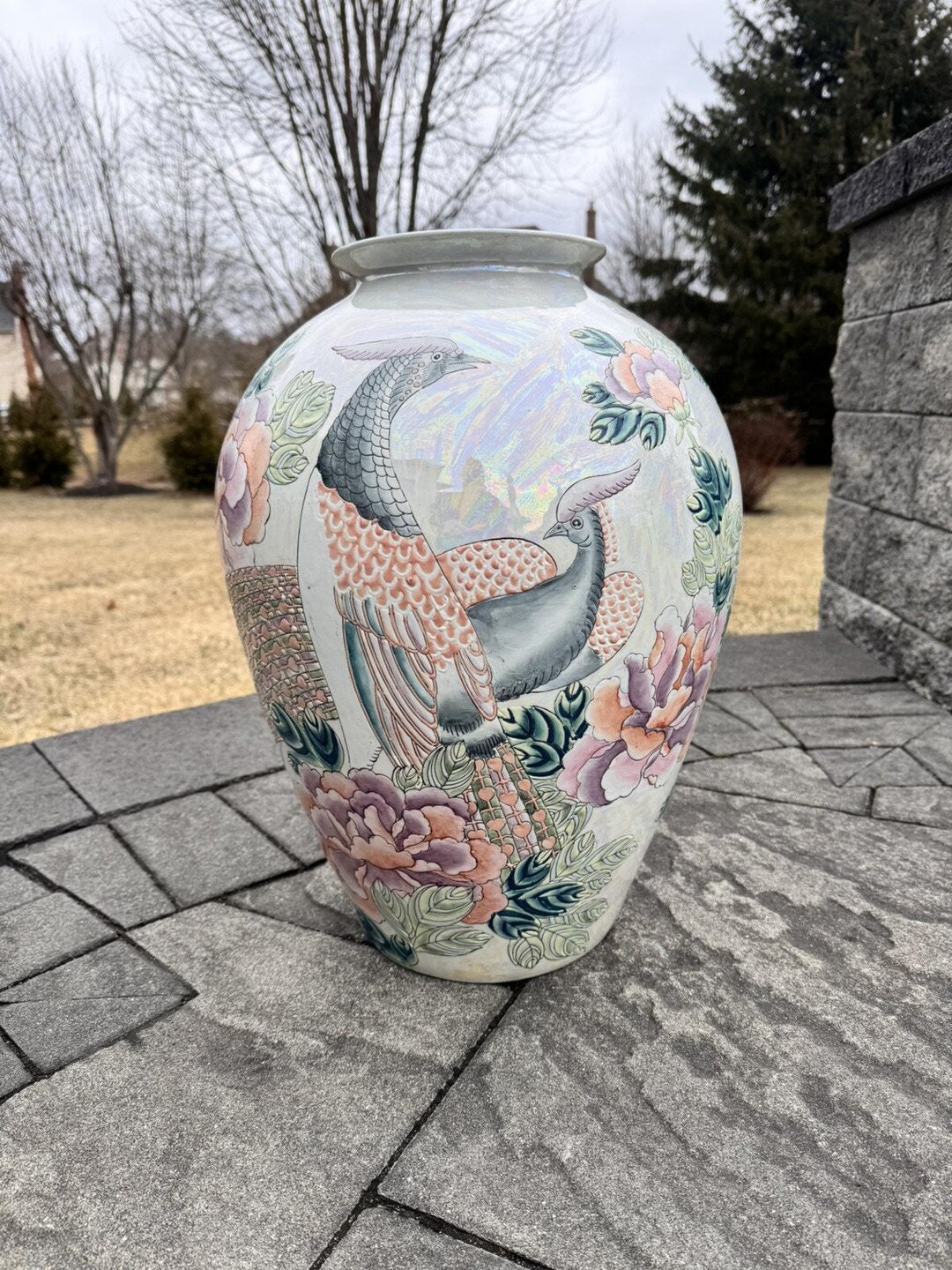 茶 toyoS Vintage Chinese Porcelain Toyo Vase With Flowers & Birds 21” H X