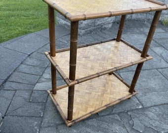 Vintage Mid Century Faux Bamboo & Rattan 3-Tier Side Table Accent Stand 26x22x12