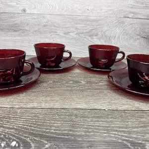 Vintage Anchor Hocking Royal Ruby Red Pattern Cups & Saucers~Set Of 4