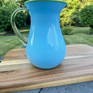 Vintage mid century Italian blue glass jug or pitcher 8.5” W/clear glass handle