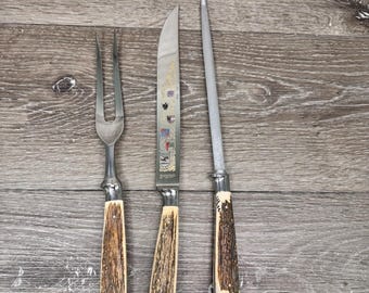 Cuchillo para trinchar con mango de asta de ciervo de acero inoxidable Solingen, Alemania, 3 piezas