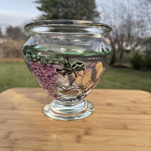 Può includere: Un vaso di vetro trasparente con un corpo ampio e arrotondato e un bordo svasato. Il vaso presenta un design decorativo con accenti rosa, verdi e neri, tra cui un motivo a libellula. Il vaso poggia su una base rotonda.