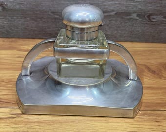 デンマーク製アールデコ様式銀メッキインク壺、ガラスインサート付き、エネレット社製、モノグラム入り