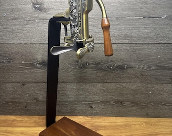 Vintage Rogar Estate Brass Table Top Wine Bottle Opener Corkscrew w/ Wood Stand