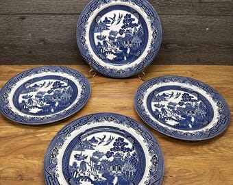Set 4 Tazze Da Tè Con Piattini | Churchill Blue Willow | Prodotto In Inghilterra