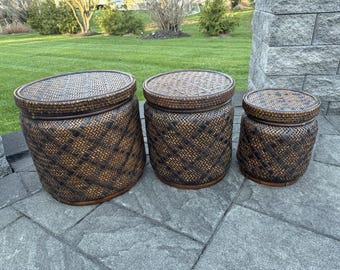 Vintage Nesting Woven Baskets Lidded Storage Wood Top Boho Decor Set Of 3