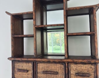 Pier 1 Imports Pagoda Wall Shelf Cabinet Tortoise Bamboo Rattan w/ Mirror 29x28”