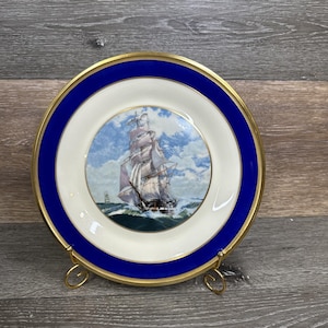 Lenox Special Dinner Plate Clipper Ship Cobalt blue border 24k Gold trim