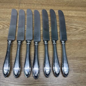 May include: Set of seven silver-colored butter knives. Each knife has a rounded blade and a decorative handle with an ornate floral design. The knives are arranged in a row on a wooden surface.