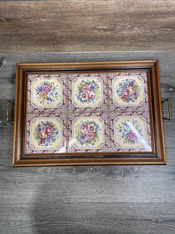 VTG Tilecrafts Victorian Floral Tea Tray 6 Tiles Staffordshire