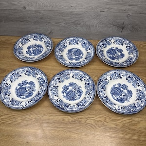 1930s Royal Staffordshire Tonquin Blue Clarice Cliff 7-7/8” Rimmed Soup Bowl 6Pc