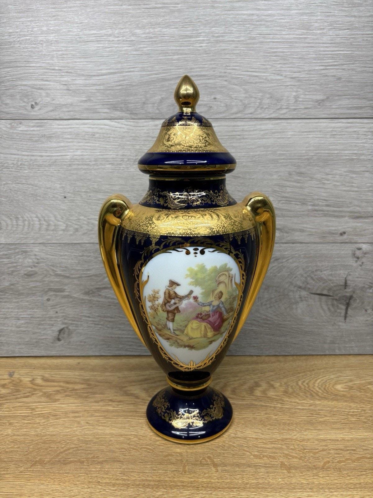 Vintage Limoges France Cobalt Blue 24K Gold Vase W/ Lid 13.5