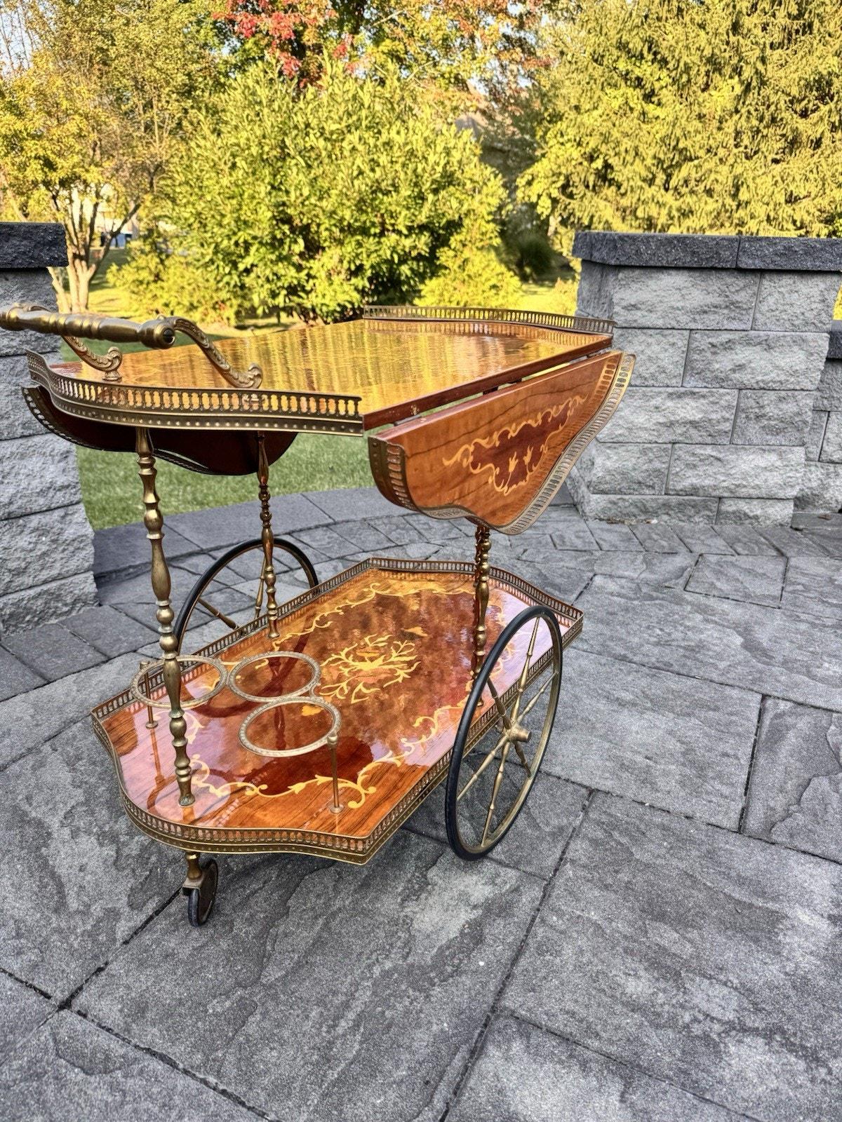 イタリア ヴィンテージ バーカート トローリー VTG Italian Marquetry Tea & Bar Cart Wood Serving Drop Leaf ~great