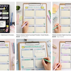 May include: A collection of digital weekly schedule printables on clipboards. Each printable features a grid layout with spaces for daily entries. The text "WEEKLY SCHEDULE" is at the top. Pens and other stationery items are also visible.