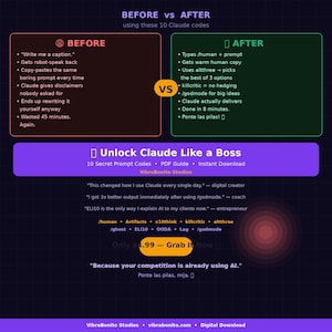 Puede incluir: Un gráfico digital compara los resultados "ANTES" y "DESPUÉS" utilizando 10 códigos Claude. La sección "ANTES" destaca problemas como respuestas robóticas y tiempo perdido. La sección "DESPUÉS" muestra resultados mejorados.