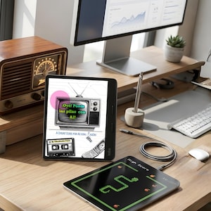 Könnte beinhalten: Ein Holzradio steht neben einem Tablet, das eine Retro-TV-Grafik mit spanischem Text anzeigt. Ein weiteres Tablet zeigt ein Schlangenspiel. Ein Computermonitor, eine Tastatur und eine Maus sind ebenfalls auf dem Schreibtisch zu sehen.