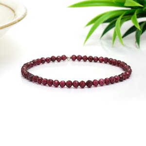May include: A delicate bracelet featuring small, faceted, deep red beads. The beads are strung together, forming a circular shape. The bracelet is set against a white background, with green foliage in the upper right corner.