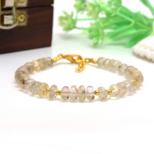 Natural Rutilated Quartz Bracelet – 5-7mm Smooth Beads with Gold Spacers, Handmade Healing Crystal Jewelry for Women, Gift Bracelet