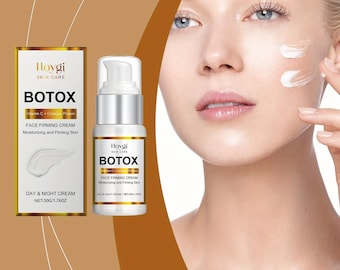 May include: A skincare product advertisement featuring a woman and a product labeled "BOTOX." The product is a face-firming cream, with the text "Vitamin C + Collagen Protein." The product is in a white bottle and box.