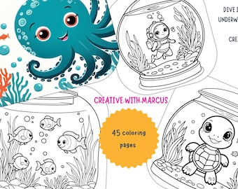 Aquarium Malbuch mit 45 druckbaren Ausmalbildern, Malbuch für Kinder
