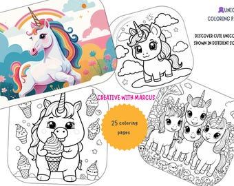 Libro para colorear de unicornios con 25 páginas para colorear imprimibles, libro para colorear para niños
