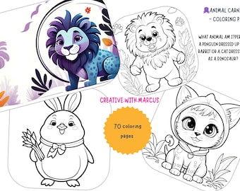 Libro para colorear de animales de carnaval con 70 páginas imprimibles para niños.