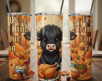20 oz Thanksgiving Tumbler PNG - Highland Cow Sublimation Design - Digital Download