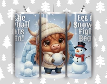 Highland Cow Snowball Fight PNG - Winter Cow 20 oz Skinny Tumbler Sublimation - Digital Download