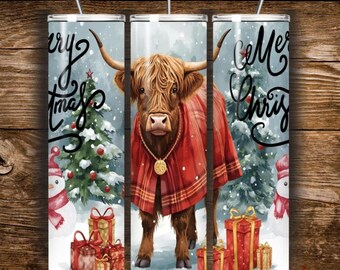 Christmas Highland Cow Tumbler PNG - 20 oz Skinny Tumbler Sublimation - Digital Download