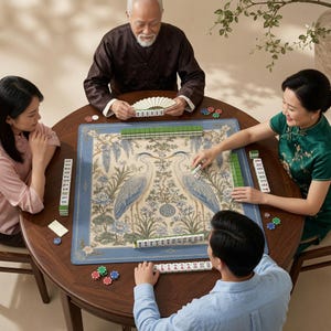 May include: A square mahjong mat featuring a central illustration of two herons surrounded by floral motifs in blue, green, and beige tones. The mat is placed on a round wooden table with mahjong tiles arranged in rows and scattered colorful chips.