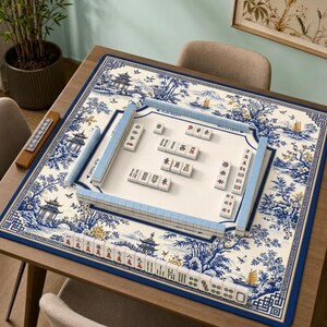 Blue Willow Mahjong Mat, Chinoiserie Pagoda Landscape Game Mat with Gold Accent, Non-Slip Mah Jongg Table Cover, Mahjong Club Gift