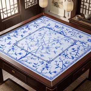 May include: A square wooden games table featuring a white surface with a blue floral and butterfly pattern. The table has a dark wood frame with gold-toned accents on the corners and drawers, showcasing a detailed border design around the centre.